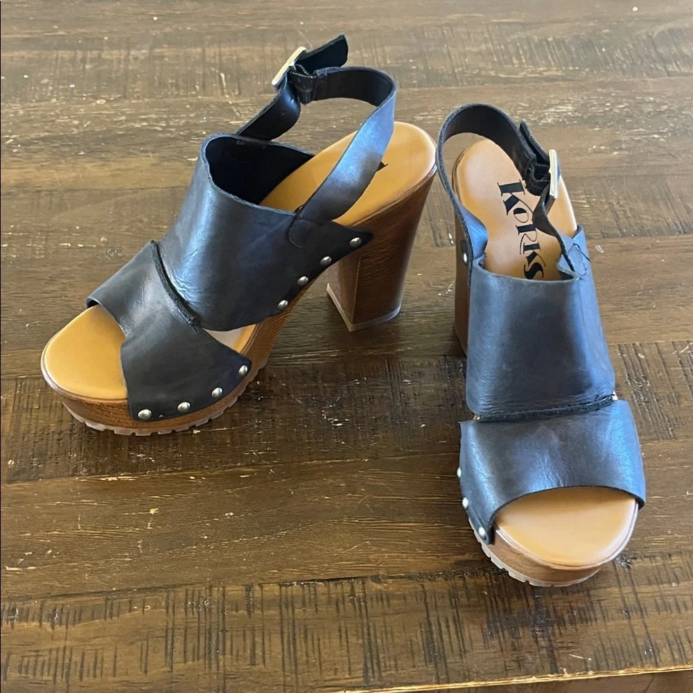 Kork-Ease Black Leather Heeled Sandals - Picture 1 of 6